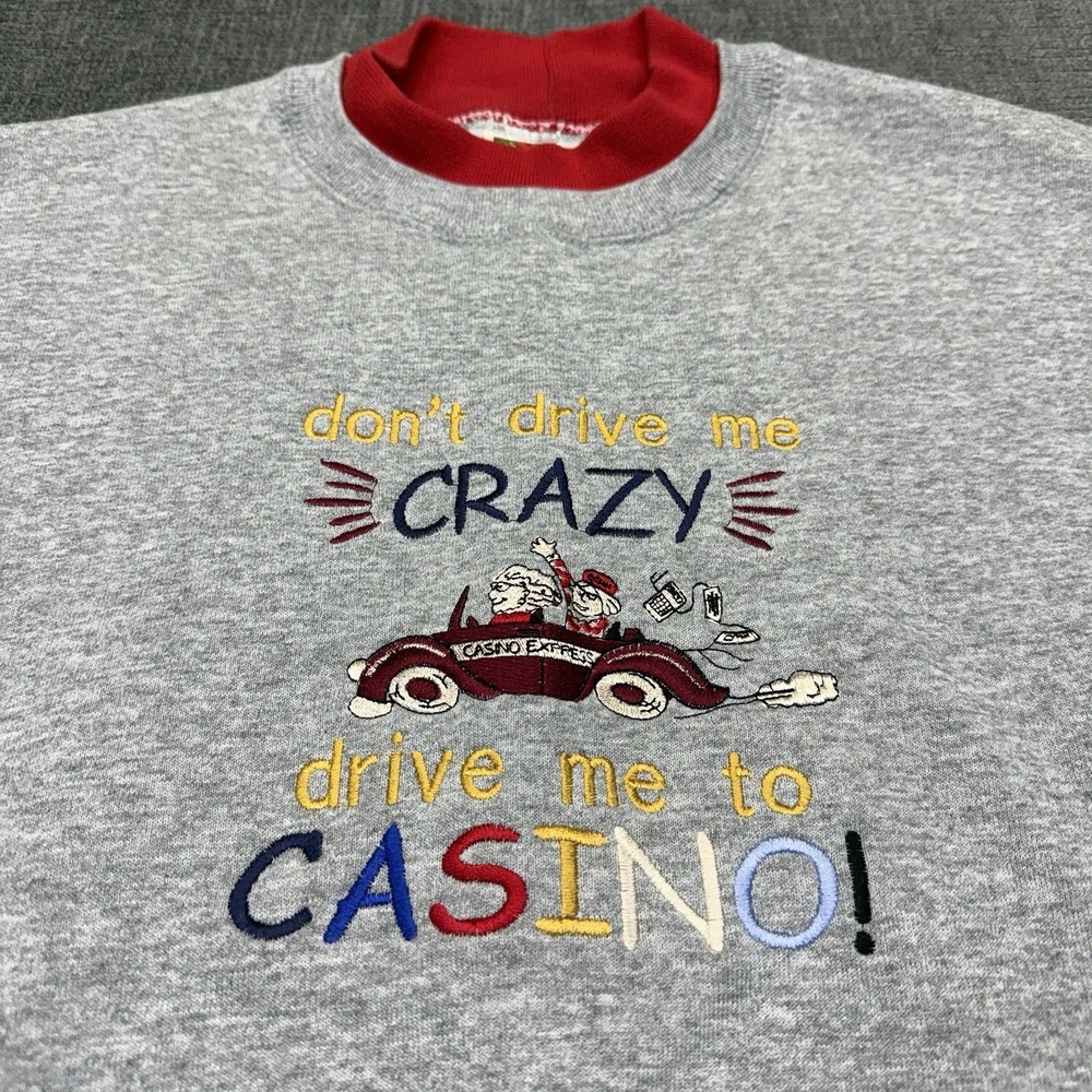 Vintage Fruit Of The Loom Sweatshirt XL Gray Grandma Don't Drive Me Crazy Casino